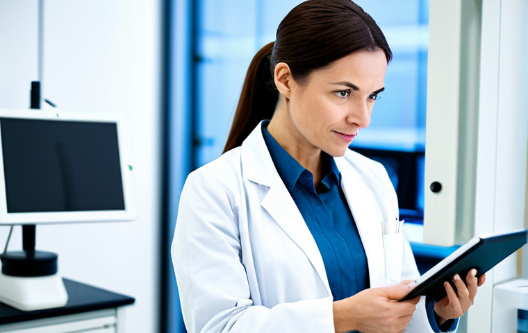 A professional female scientist, mid-30s, wearing a modest, clean lab coat, standing confidently in a modern, well-lit research laboratory. The background features blurred scientific equipment and pristine surfaces, conveying an atmosphere of precision and discovery. She holds a tablet displaying abstract scientific data, looking thoughtfully. This is a professional close-up shot, with a natural pose and soft, bright lighting, emphasizing trust in scientific research. fully clothed, appropriate attire, modest clothing, safe for work, perfect anatomy, correct proportions, well-formed hands, proper finger count, natural body proportions, professional, appropriate content, family-friendly.