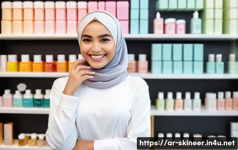 스킨케어 직업에서의 고객 상담 기법 - **Prompt:** "A young woman wearing a stylish hijab and modest, trendy clothing, is smiling warmly wh...