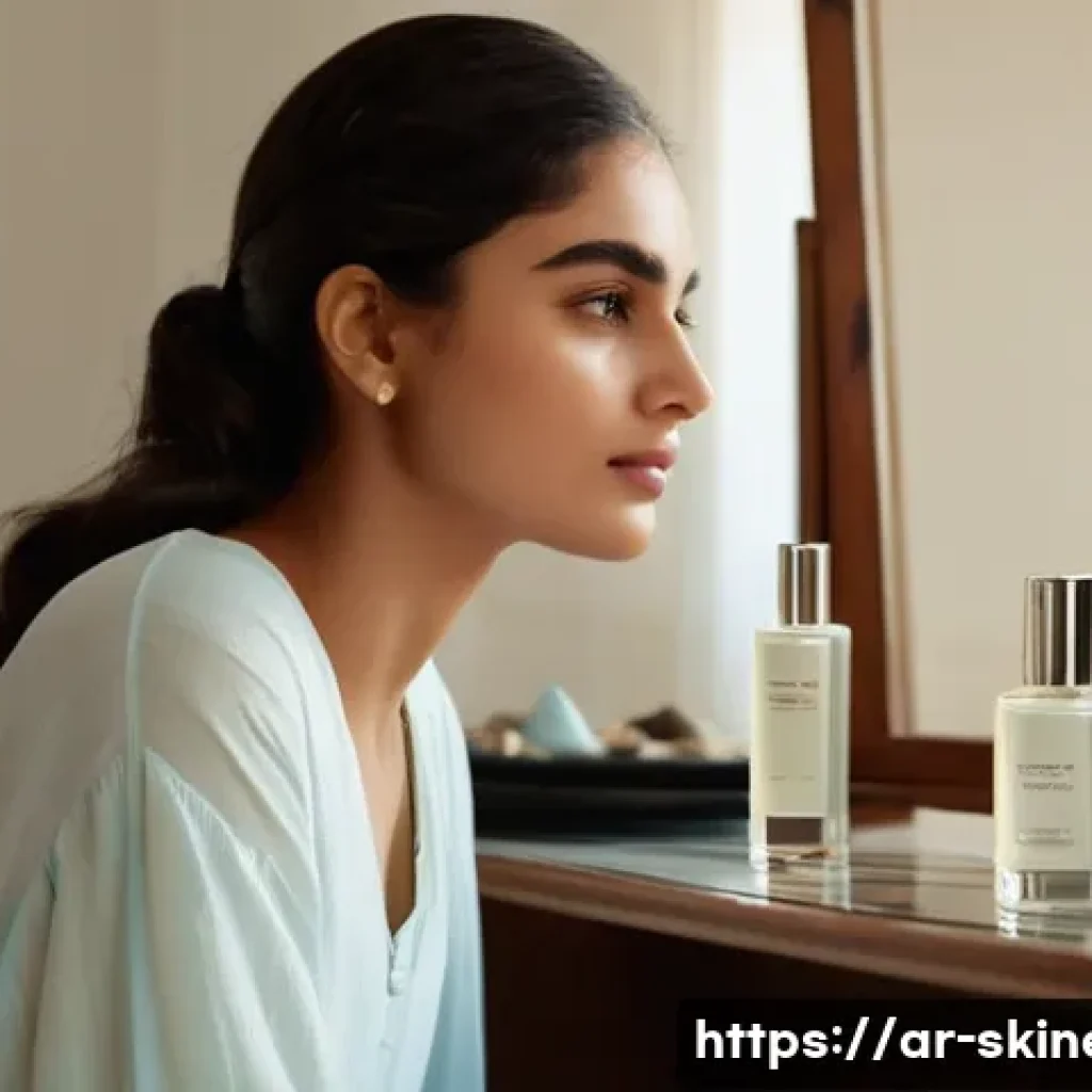 스킨케어 전문가가 자주 접하는 고객 고민 - **Prompt:** A graceful young Arab woman, dressed in a flowy, elegant light-colored modest top and pa...