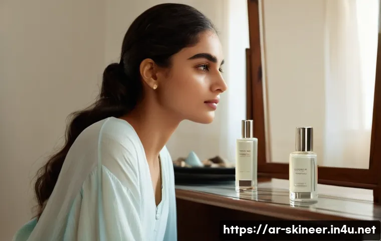 스킨케어 전문가가 자주 접하는 고객 고민 - **Prompt:** A graceful young Arab woman, dressed in a flowy, elegant light-colored modest top and pa...