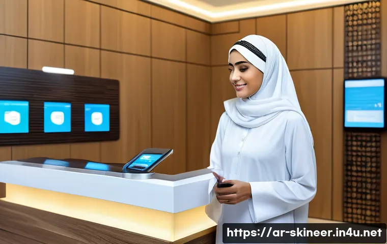 스킨케어 업무를 위한 IT 도구 활용 - A modern skincare clinic reception scene in Saudi Arabia, featuring an electronic booking system dis...