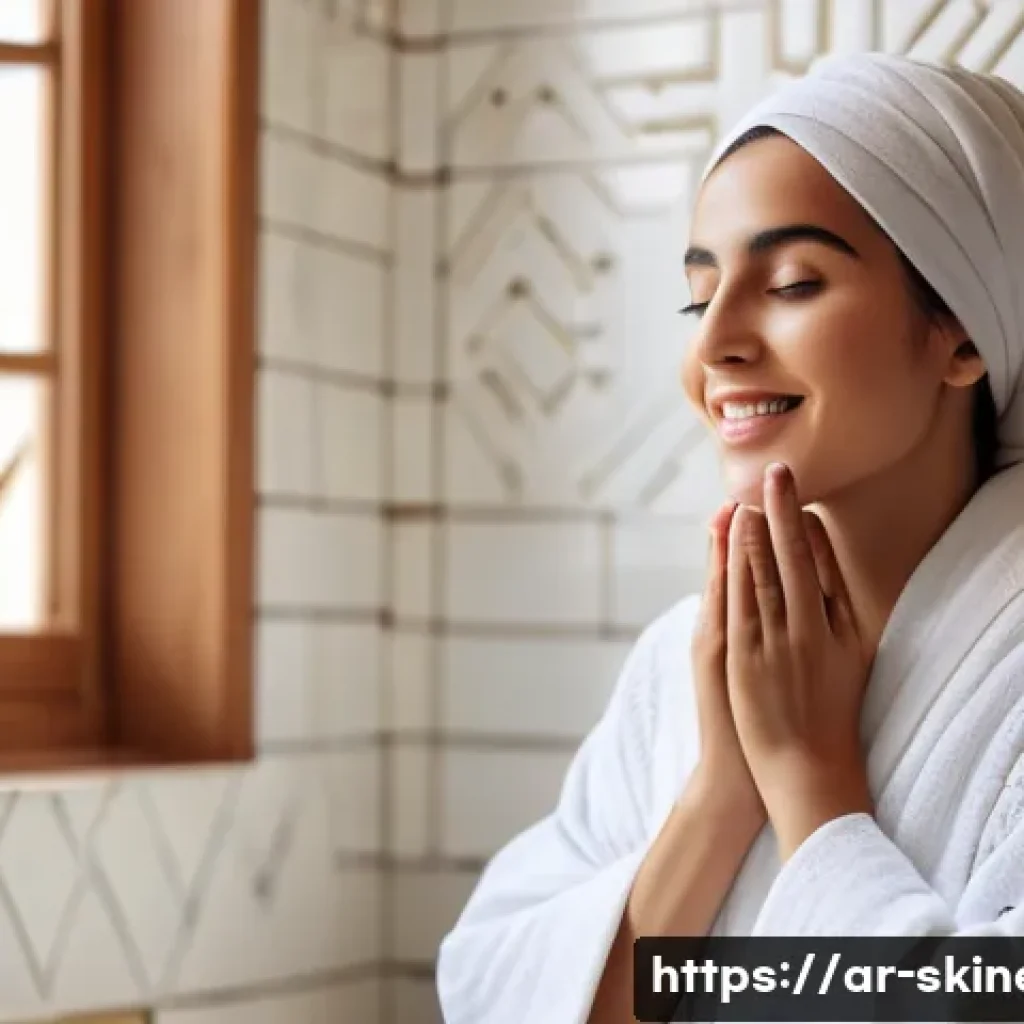 스킨케어와 피부과의 차이점 - A serene Middle Eastern woman performing her daily skincare routine in a bright, modern bathroom dec...