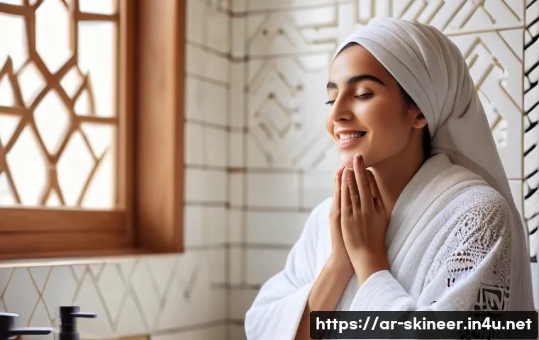 스킨케어와 피부과의 차이점 - A serene Middle Eastern woman performing her daily skincare routine in a bright, modern bathroom dec...