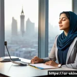 스킨케어 전문가의 업무 스트레스 관리 - A serene office environment with a Middle Eastern professional woman practicing deep breathing exerc...