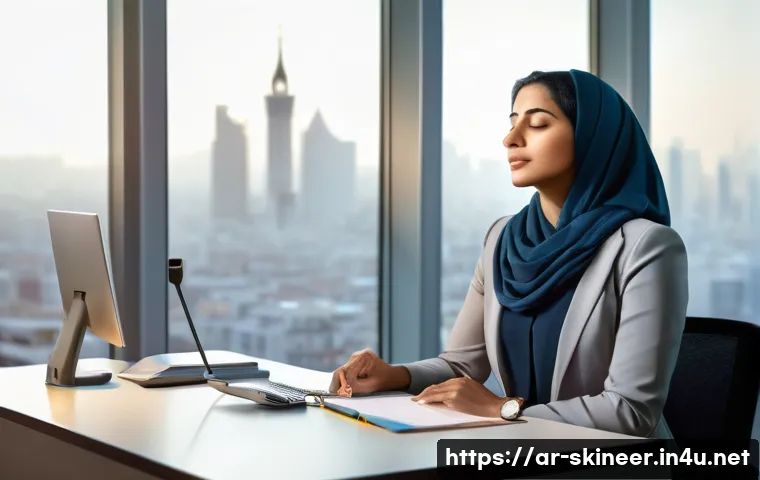스킨케어 전문가의 업무 스트레스 관리 - A serene office environment with a Middle Eastern professional woman practicing deep breathing exerc...