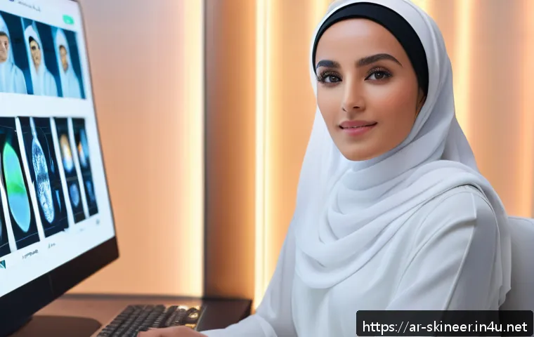스킨케어 업계에서의 최신 기술 도입 - A high-tech skincare diagnostic scene featuring an Arabic woman in her 30s with flawless, natural ma...