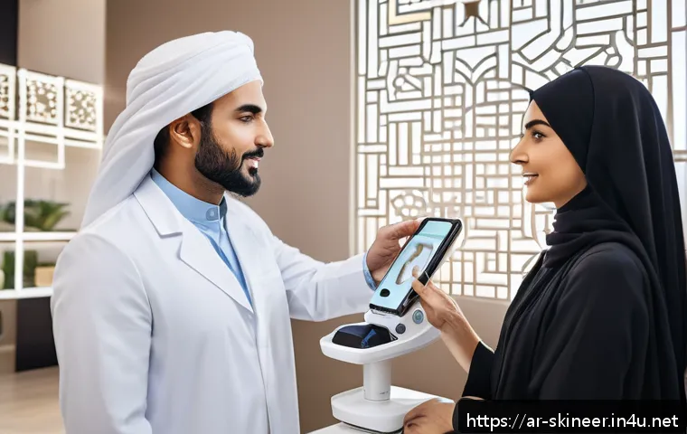 스킨케어 분야의 유망 직업 - A modern skincare clinic interior in Riyadh, featuring advanced AI-powered skin analysis devices wit...