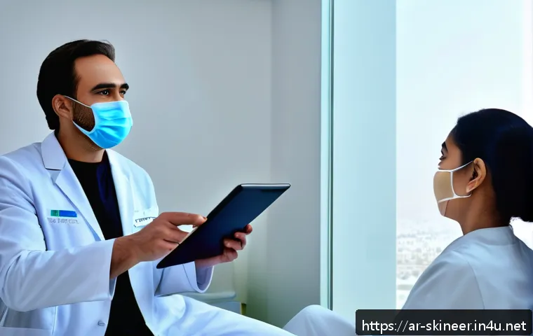스킨케어 직업군별 연봉 차이 분석 - A professional dermatologist clinic scene set in a modern Riyadh medical center, featuring a male de...